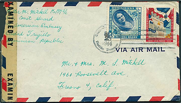27 c. blandingsfrankeret luftpostbrev fra Ciudad Trujillo d. 23.9.1944 til Fresno, USA. Fra U. S. Coast Guard c/o American Embassy i Ciudad Trujillo. Åbnet af amerikansk censur no. 30724.