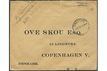 10 c. (2) og 25 c. (4) George VI på bagsiden af luftpostbrev fra Singapore d. 21.9.1950 til rederiet Ove Skou i København, Danmark. Sorte ombæringskontrolstreger.