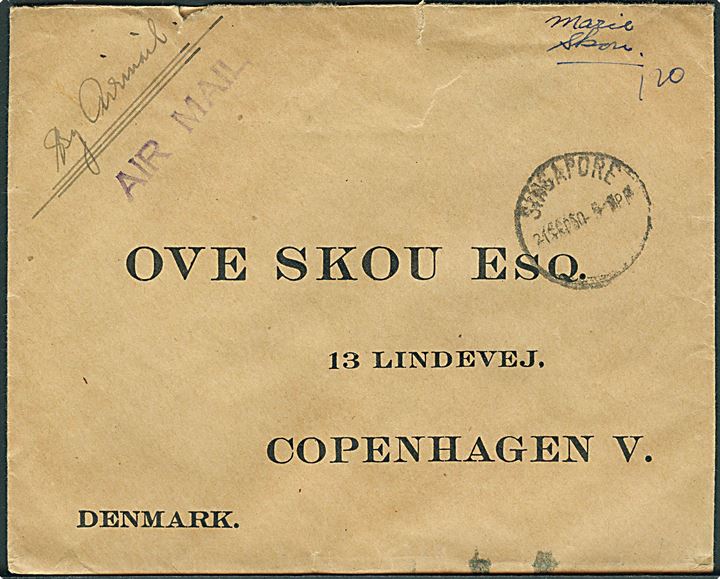 10 c. (2) og 25 c. (4) George VI på bagsiden af luftpostbrev fra Singapore d. 21.9.1950 til rederiet Ove Skou i København, Danmark. Sorte ombæringskontrolstreger.