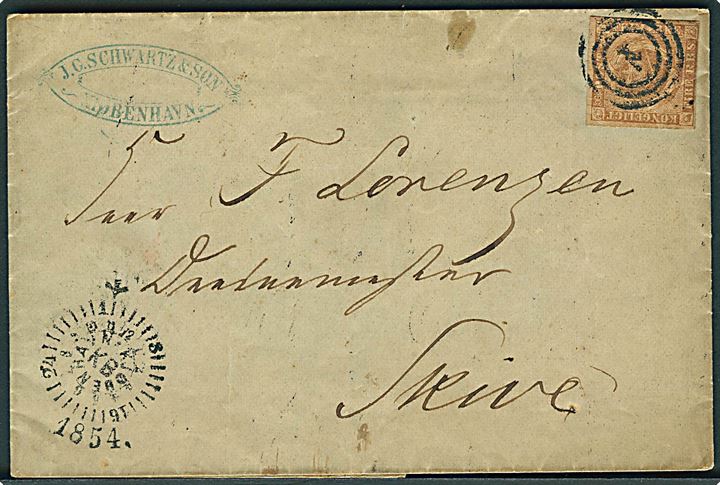 4 R.B.S. Thiele III på brev annulleret med nr.stempel 1 og sidestemplet med kompasstempel Kiøbenhavn d. 2.11.1854 til Skive.