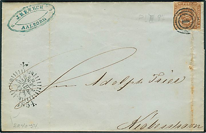 4 R.B.S. Thiele III på dampskibsbrev fra Aalborg annulleret med nr.stempel 1 og sidestemplet med kompasstempel Kiøbenhavn d. 22.10.1854 til Kjøbenhavn. Fold i mærke.