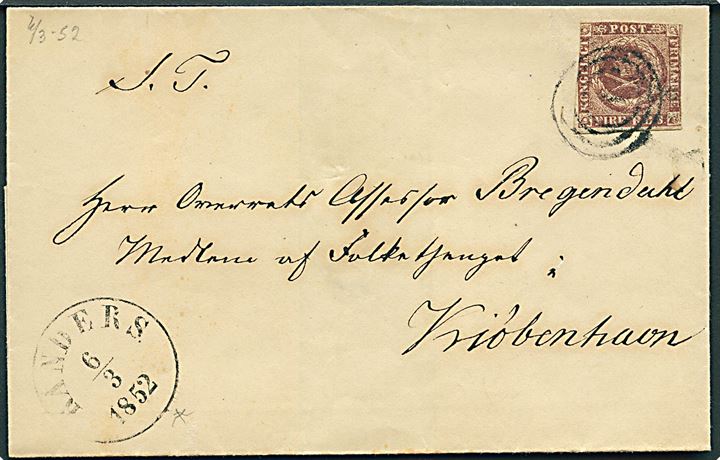 4 R.B.S. Ferslew tæt klippet på brev annulleret med svagt nr.stempel 53 og sidestemplet antiqua Randers d. 6.3.1852 til Overretsassessor Bregendahl, Medlem af Folketinget i Kjøbenhavn.