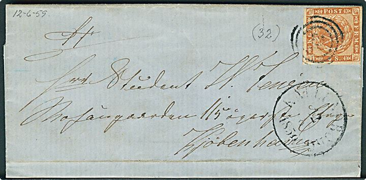 4 sk. 1858 udg. på brev annulleret med uldent nr.stempel 32 og sidestemplet med svagt antiqua Kallundborg d. 12.6.1859 til Kjøbenhavn.