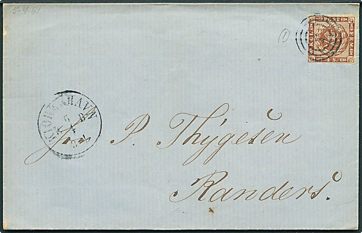 4 sk. 1858 udg. på brev annulleret med nr.stempel 1 og sidestemplet Kiøbenhavn KB d. 6.4.1861 til Randers.
