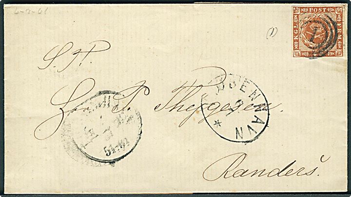 4 sk. 1858 udg. på brev annulleret med nr.stempel 1 og sidestemplet Kiøbenhavn KB d. 4.7.1861 og ovalt overnatningsstempel Kiøbenhavn d. 6.7.1861 til Randers.