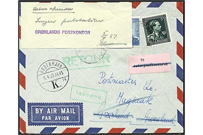 Belgisk 9 Fr, frankeret luftpostbrev fra Charleroi d. 1.4.1957 til Postmesteren, Mugsuak, Grønland. Retur bl.a. med vignet påtegnet: Ingen Poststation og liniestempel Grønlands Postkontor.