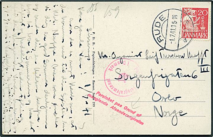 20 øre Karavel på brevkort (Holsteinsborg og Bisserup Overdrev) fra Rude d. 1.7.1941 til Oslo, Norge. Dansk censur og stempel Forsinket paa Grund af manglende Afsenderangivelse.