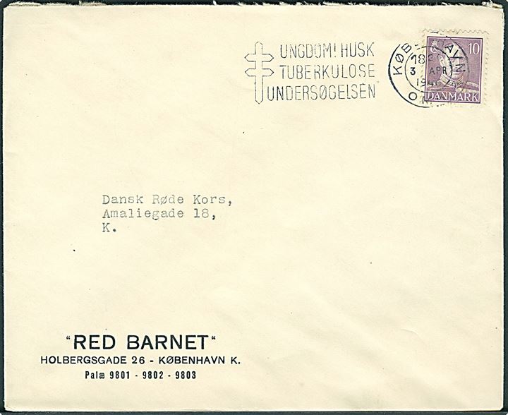 10 øre Chr. X på fortrykt kuvert fra Red Barnet sendt lokalt i København d. 3.4.1946.