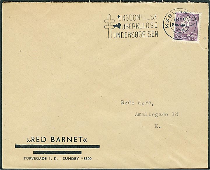 10 øre Chr. X på fortrykt kuvert fra Red Barnet sendt lokalt i København d. 2.5.1946.