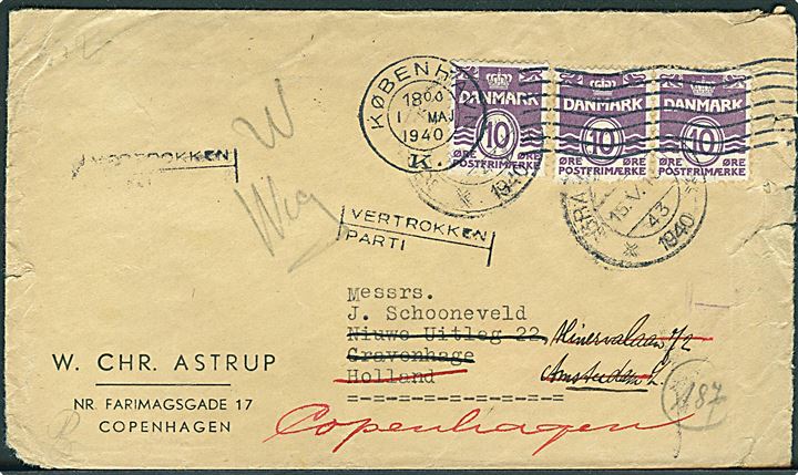 10 øre Bølgelinie (3) på brev fra København d. 1.5.1940 til Gravenhage, Holland. - eftersendt til Amsterdam og returneret som ubekendt. Åbnet af tysk censur i Berlin.