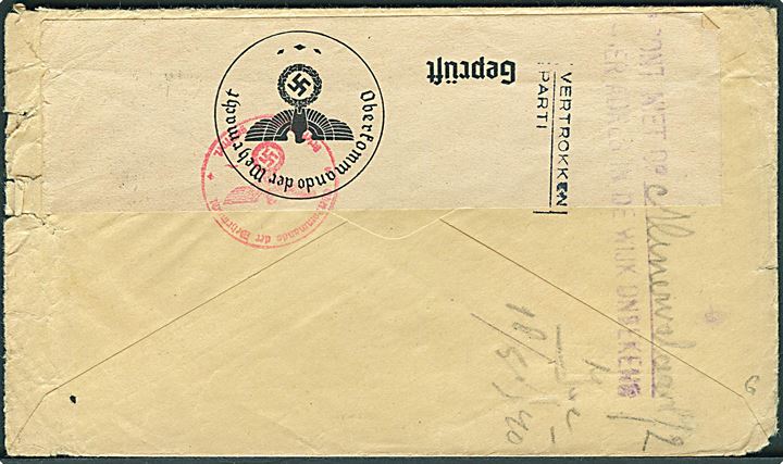 10 øre Bølgelinie (3) på brev fra København d. 1.5.1940 til Gravenhage, Holland. - eftersendt til Amsterdam og returneret som ubekendt. Åbnet af tysk censur i Berlin.