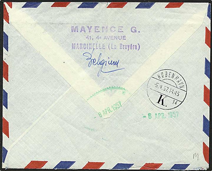 Belgisk 9 Fr, frankeret luftpostbrev fra Charleroi d. 1.4.1957 til Postmesteren, Mugsuak, Grønland. Retur bl.a. med vignet påtegnet: Ingen Poststation og liniestempel Grønlands Postkontor.
