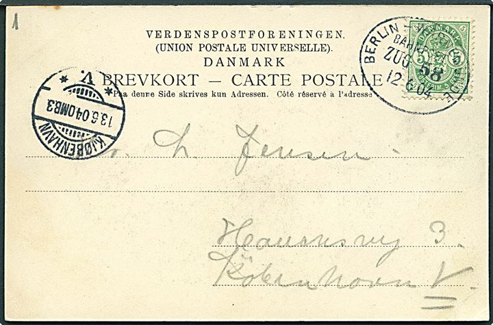 5 øre Våben på brevkort (Dampfærgen Prins Christian) annulleret med tysk bureaustempel Berlin - Warnemünde Bahnpost Zug 58 d. 12.6.1904 til København, Danmark.