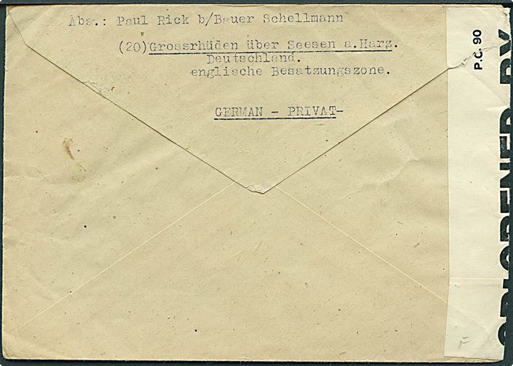 5 pfg. Bizone og 24 pfg. (3) på brev fra Grossrhüden über Seesen d. 27.8.1946 til Flygtningelejr Vester Allé i Aalborg, Danmark. Åbnet af allieret censur i Tyskland.