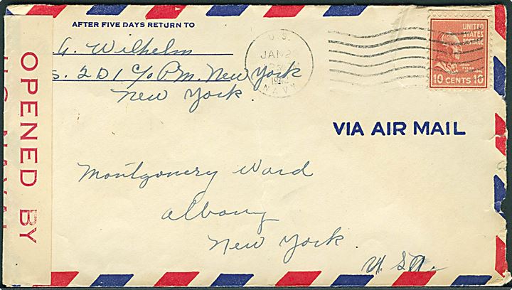 10 cents Tyler på luftpostbrev stemplet U. S. Navy d. 23.1.1942 til New York. Sendt fra Scouting Squadron 201 (VS-201) ombord på hangarskibet USS Long Island ved USA's østkyst. Censureret med sjælden flåde censurbanderole: Opened by U. S. Naval Censor BE. 1. Rift. 