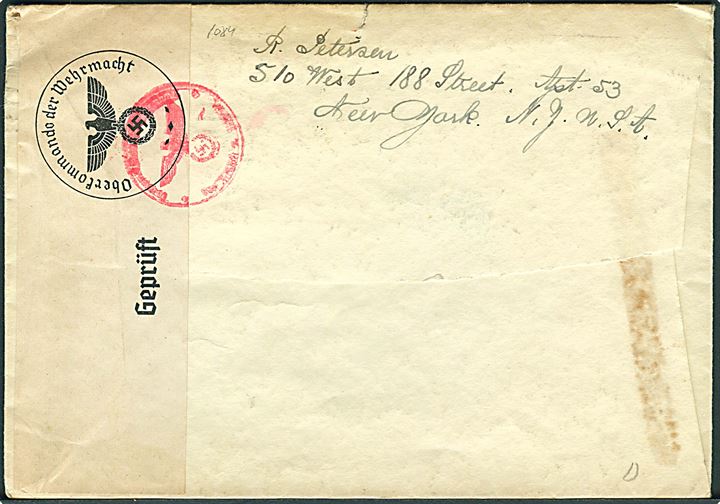 15 cents Buchanan i parstykke på luftpostbrev fra New York d. 20.8.1940 til København, Danmark. Påskrevet Atlantic Clipper. Åbnet af tysk censur i Berlin.