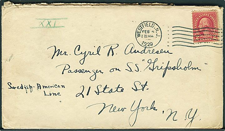 2 cents Washington på brev fra Westfield New Jersey d. 4.2.1929 til passager ombord på Svensk Amerika Linie skib S/S Gripsholm i New York.