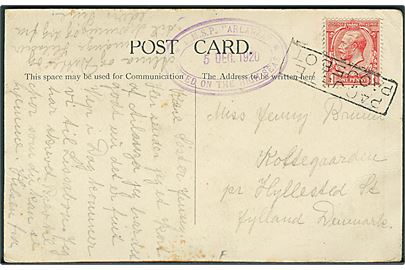 1d George V på brevkort (R.M.S.P. Arlanza) med portugisisk skibsstempel Paquete/Paquebot og sidestemplet med ovalt purser stempel: R.M.S.P. Arlanza / 5.12.1920 / Posted on the high seas. 