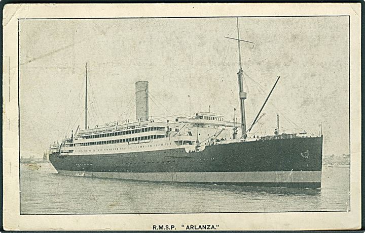 1d George V på brevkort (R.M.S.P. Arlanza) med portugisisk skibsstempel Paquete/Paquebot og sidestemplet med ovalt purser stempel: R.M.S.P. Arlanza / 5.12.1920 / Posted on the high seas. 