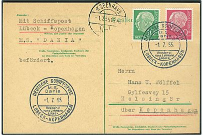 10 pfg. og 20 pfg. Heuss på brevkort annulleret med skibsstempel Deutsche Schiffspost M. S. Dania / Reederei Hans Lehmann Lübeck / Lübeck - Kopenhagen d. 1.7.1955 til Helsingør, Danmark.
