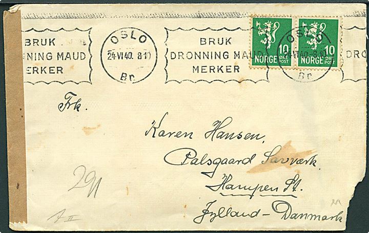 10 øre Løve i parstykke på brev fra Oslo d. 24.6.1940 til Hampen, Danmark. Åbnet af tidlig tysk censur i Norge med neutral brun banderole stemplet Åpnet ved tysk censur og af den tyske censur i Hamburg. 