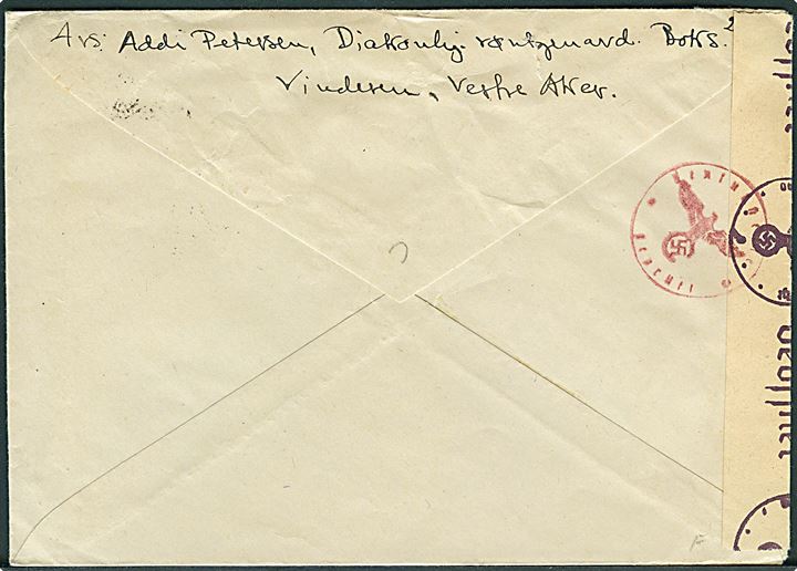 20 øre Løve på brev fra Vinderen d. 19.12.1944 til Stockholm, Sverige. Åbnet af tysk censur i Oslo.