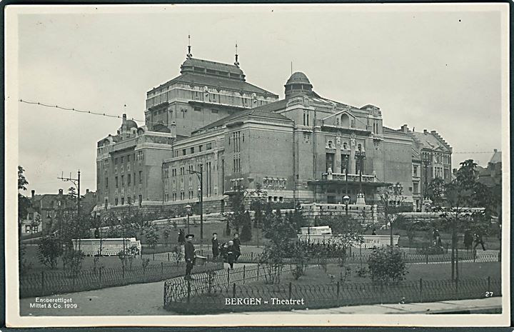10 øre Posthorn på brevkort (Bergen teater) annulleret med sejlende bureaustempel Chr.A. - Bergen d. 4.7.1910 til Flekkefjord.