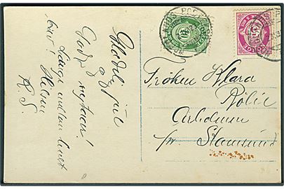5 øre og 10 øre Posthorn på brevkort annulleret med sejlende bureaustempel Nordlands Posteksp. F. d. 23.12.1923 til Stamsund.