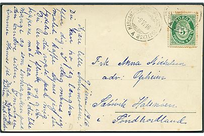 5 øre Posthorn på brevkort annulleret med sejlende bureaustempel Hardanger-Søndhordland Posteksp. A d. 9.6.1916 til Sabøvik.