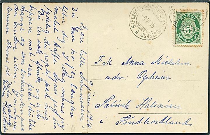 5 øre Posthorn på brevkort annulleret med sejlende bureaustempel Hardanger-Søndhordland Posteksp. A d. 9.6.1916 til Sabøvik.