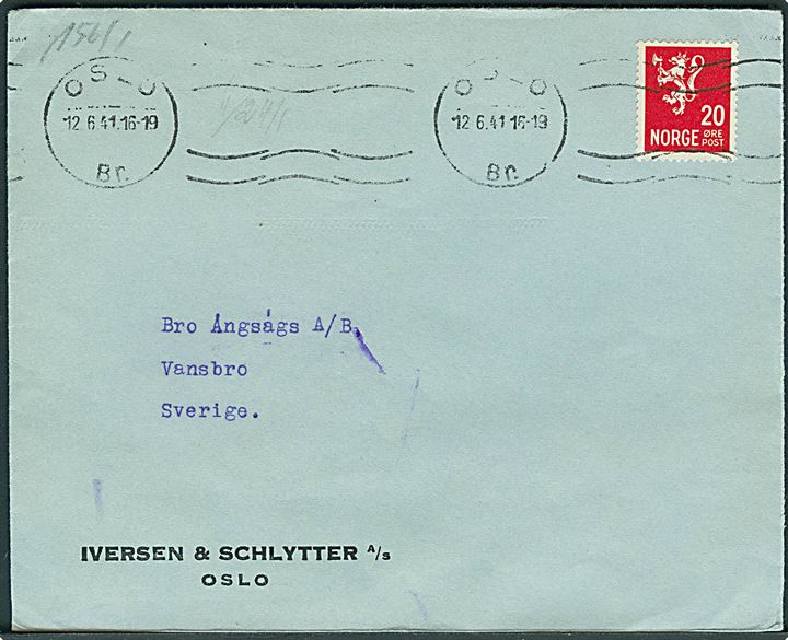 20 øre Løve på brev fra Oslo d. 12.6.1941 til Vansbro, Sverige. Åbnet af tysk censur i Oslo.