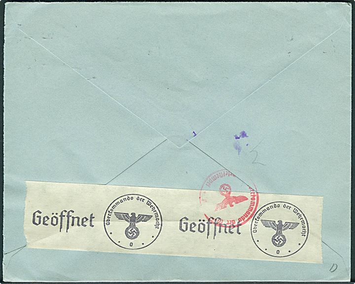 20 øre Løve på brev fra Oslo d. 12.6.1941 til Vansbro, Sverige. Åbnet af tysk censur i Oslo.