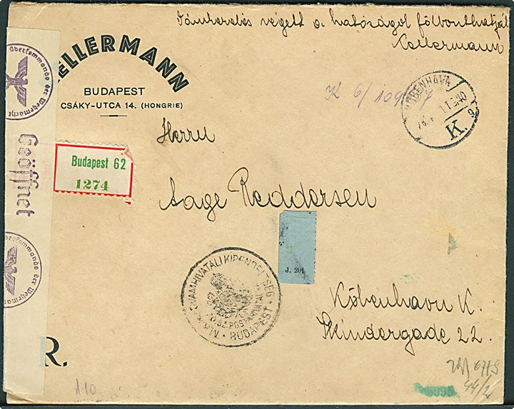 10 f. (3) og 20 f. (4) Bácska provisorium på bagsiden af anbefalet brev fra Budapest d. 21.4.1941 til København, Danmark. Åbnet af tysk censur i Wien.