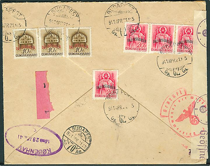 10 f. (3) og 20 f. (4) Bácska provisorium på bagsiden af anbefalet brev fra Budapest d. 21.4.1941 til København, Danmark. Åbnet af tysk censur i Wien.