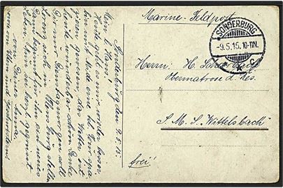 Ufrankeret Marine-feldpost brevkort stemplet Sonderburg **C d. 9.5.1915 til sønderjysk marinesoldat ombord på S.M.S. Wittelsbach, linieskib stationeret i Østersøen.