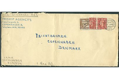 Blandingsfrankeret skibsbrev fra England med 2d George VI i parstykke og 20 øre Fr. IX sendt lokalt i København d. 28.4.1953. Påskrevet: Per Steamers Bag. Fold.