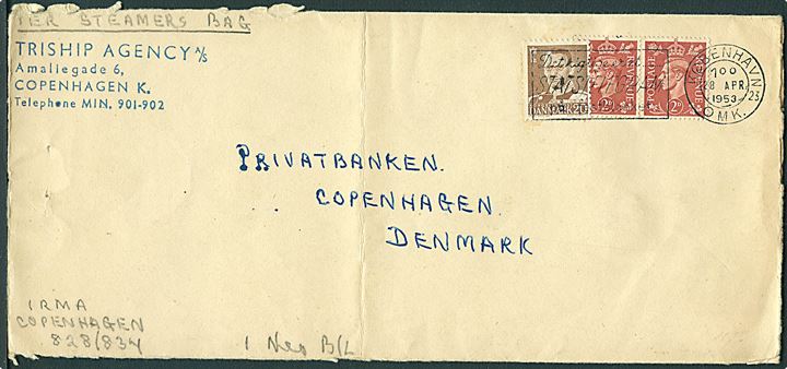 Blandingsfrankeret skibsbrev fra England med 2d George VI i parstykke og 20 øre Fr. IX sendt lokalt i København d. 28.4.1953. Påskrevet: Per Steamers Bag. Fold.