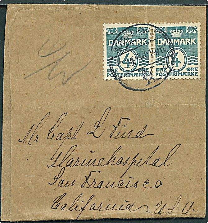 4 øre Tofarvet i parstykke på korsbånd sendt som tryksag fra København d. 2.9.1934 til dansk kaptajn på Marinehospital i San Francisco, USA.
