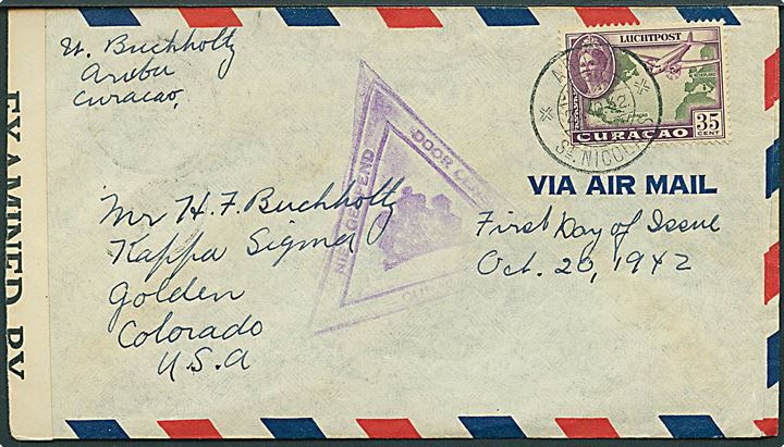 35 c. Luftpost udg. single på FDC luftpostbrev fra Aruba St. Nicolas d. 20.10.1942 til Golden, USA. Hollandsk censur fra Curacao og britisk censur.