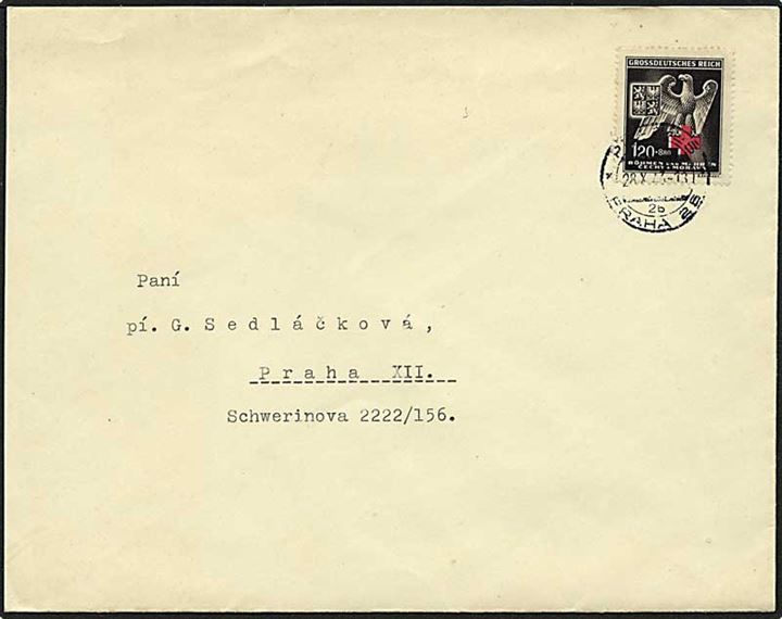 120+880 h. Røde Kors udg. single på lokalt brev i Prag d. 28.10.1943.