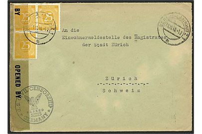 25 pfg. (3) 1. Kontrollrat udg. på 75 pfg. frankeret brev fra Berlin d. 11.11.1946 til Zürich, Schweiz. Åbnet af amerikansk censur.