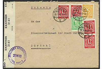 Blandingsfrankering mellem 5 pfg. Bi-zone og 12 pfg.(4) og 25 pfg. 1. Kontrollrat udg. på 78 pfg. frankeret brev fra Lübeck d. 28.9.1946 til Zürich, Schweiz. Åbnet af britisk censur.