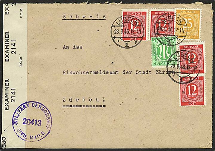 Blandingsfrankering mellem 5 pfg. Bi-zone og 12 pfg.(4) og 25 pfg. 1. Kontrollrat udg. på 78 pfg. frankeret brev fra Lübeck d. 28.9.1946 til Zürich, Schweiz. Åbnet af britisk censur.