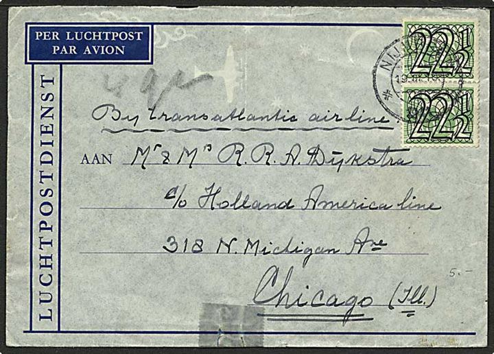 22½ c. i parstykke på luftpostbrev fra Nijmegen d. 19.3.1941 via Köln til Chicago, USA. 2 forskellige tyske censur-banderoler over hinanden. Mindre tape-rest.