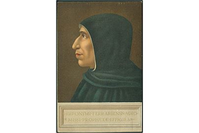 Girolamo Savonarola 1452-1498), dominikanermunk og prædikant. Han medvirkede til, at der blev oprettet en slags kristen, demokratisk republik i Firenze. Vatikanet og hans fjender i Firenze gik til modangreb og i 1498 blev han dømt for kætteri og henrettet. Efter maleri af Bartolommeo. Stengel & co. no. 29782.