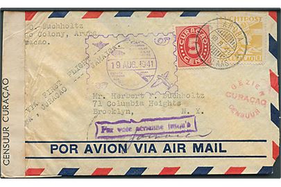 30 c. Luftpost og 5 c. Ciffer på 1.-flyvningskuvert fra St. Nicolaas, Aruba d. 18.8.1941 via Jamaica til Brooklyn, USA. Violet rammestempel Par vote aerienne jusqu'a. Åbnet af hollandsk censur på Curacao.