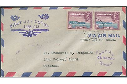 6 c. i parstykke på FDC fra Willemstad Curacao d. 1.2.1943 til Aruba. Hollandsk censur fra Curacao.