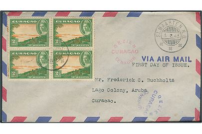 2½ cents i fireblok på FDC fra St. Maarten N.G. d. 1.2.1943 til Aruba. Hollandsk censur fra Curacao.