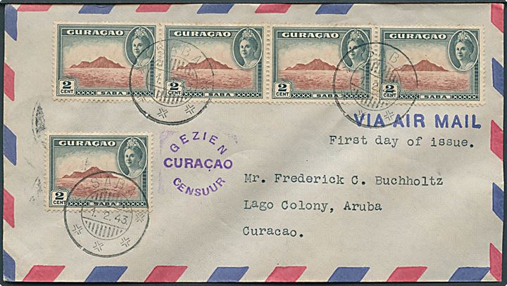 2 cents (5) på FDC fra Saba d. 1.2.1943 til Aruba. Hollandsk censur fra Curacao.