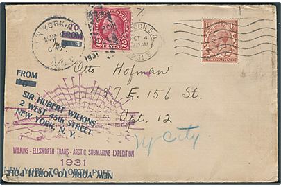 2 cents Washington stemplet New York d. 8.5.1931 og 1½d George V stemplet London d. 4.10.1931 på Wilkins-Ellsworth Trans-Arctic Submarine Expedition 1931 brev befordret med ubåd fra New York til Nordpolen. Et mærke med skader.